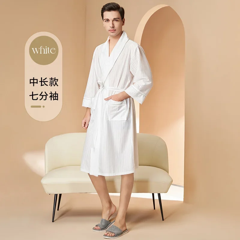 Bata de satén sedoso para parejas, ropa de dormir con estampado de rayas, Kimono, albornoz, ropa de casa holgada, ropa de dormir para primavera y verano: XXS / Azul cielo