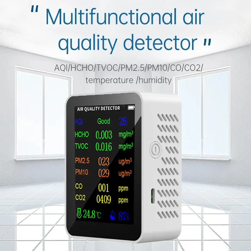 10-in-1-Luftqualitätsmonitor, CO2-Messgerät, Kohlendioxid-Detektor, PM2,5, PM10, TVOC, HCHO AQI-Tester mit Temperatur- und Feuchtigkeitsmessung