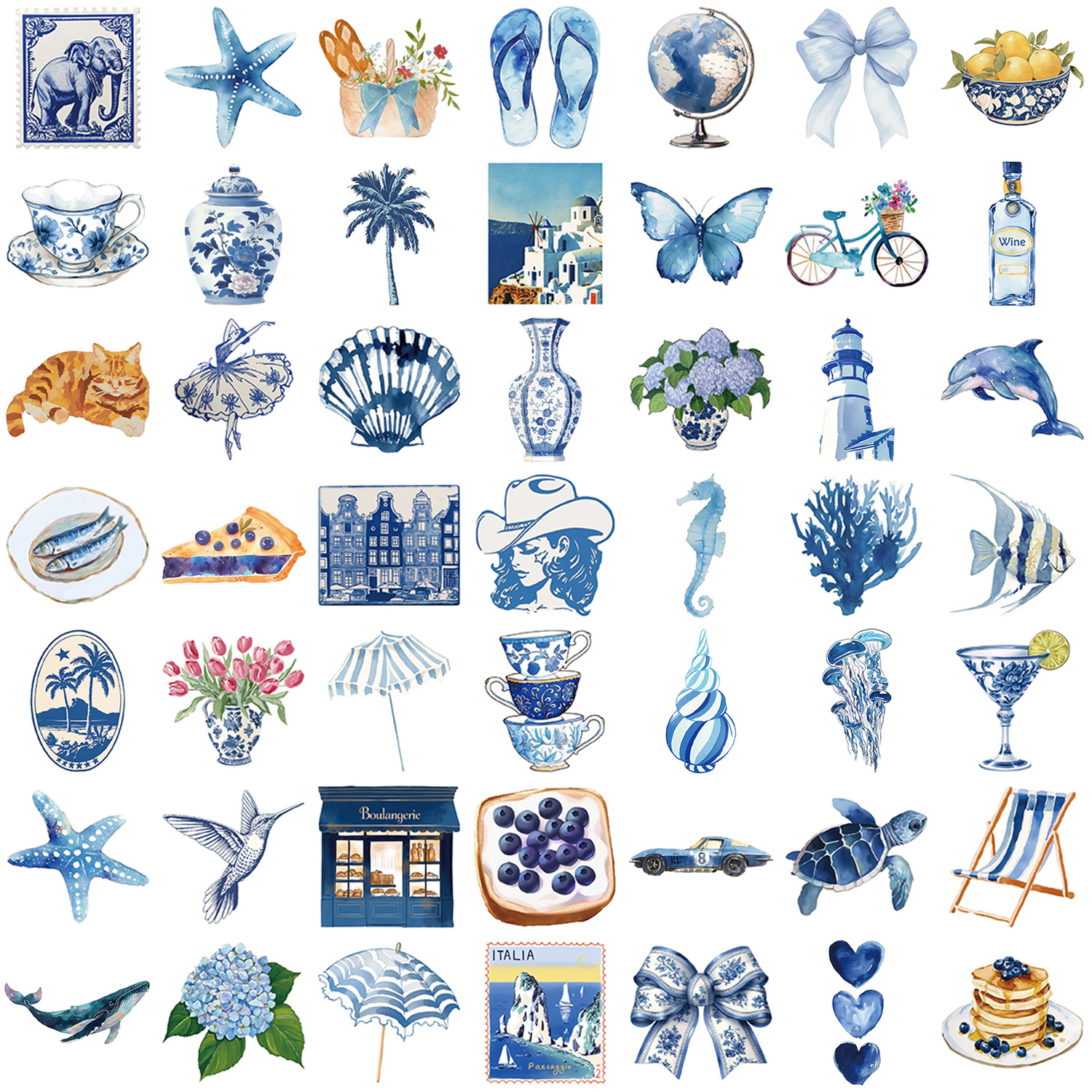 50 urocze śródziemnomorskie naklejki w kolorze niebieskim, estetyczne naklejki diy do scrapbookingu, telefonu, bagażu, deskorolki, wodoodporne naklejki