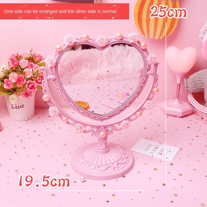 Lyserød udskåret kawaii makeup spejl diy perle toiletbord dekorative spejle værelse indretning forfængelighed spejl plast hjerteformet: Hjerte