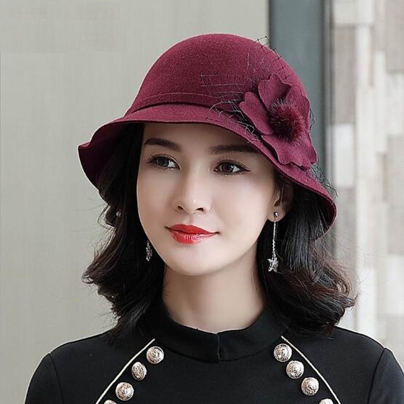 Woman Autumn And Winter Party Formal Woolen Bucket Hat Lady Grace Flower Pure Wool Felt Hats