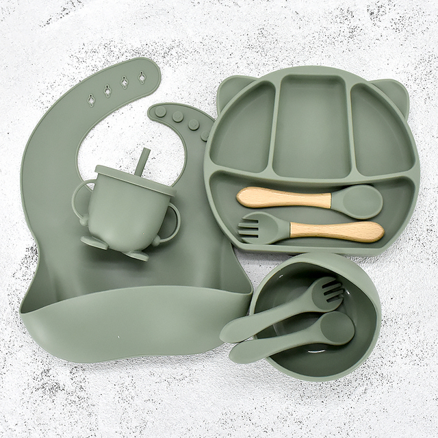 8PC Baby Silicone Sucker Plate Bowl Cup Spoon Fork Placemat Sets Food Grade Children&#39;s Compartment Training Dishes With Sucker: Panda Army Green