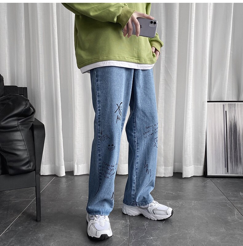 2022 Denim Jeans Men&#39;s Trendy Brand Loose Casual Ripped Hole All-match Nine Pants Youth Wide Leg Straight Pants