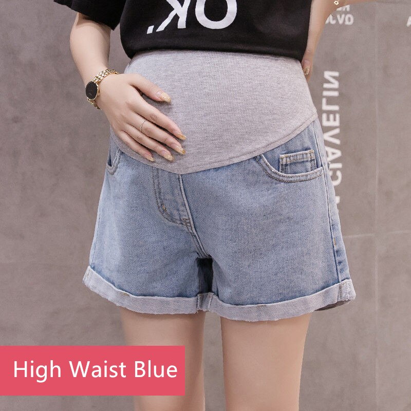 neue Sommer Schwangere Frauen Dünne Bauch Kurze Jeans Mutterschaft Lose Denim Shorts H107: High Waist Blue / L