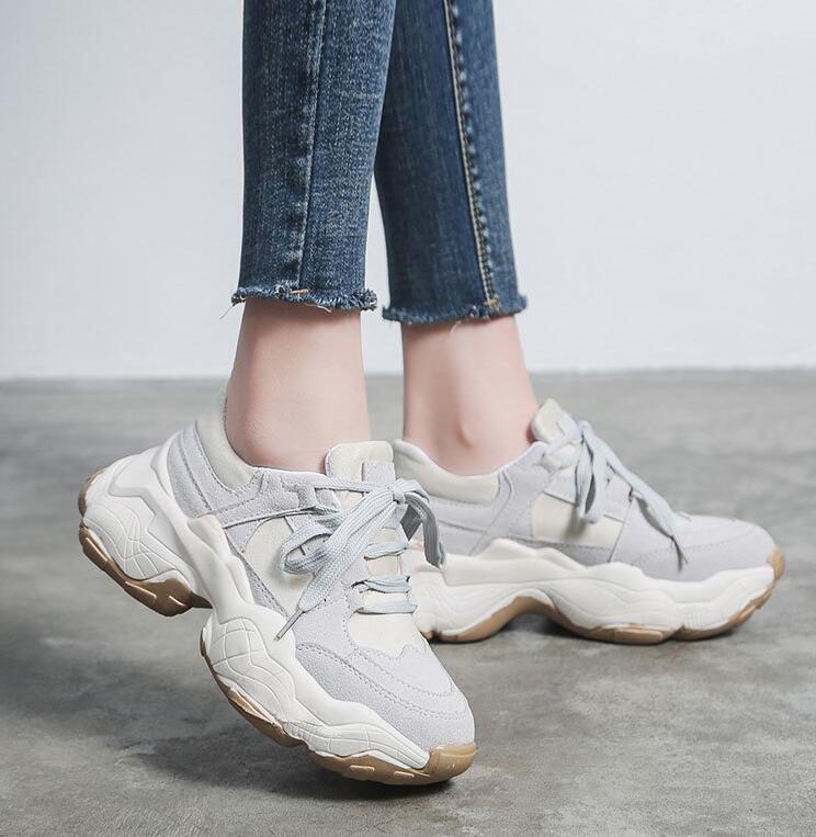 Women's Platform Sneakers - Chunky Lace-Up - Breathable Canvas Running Shoes - Akexiya: Grey / 7