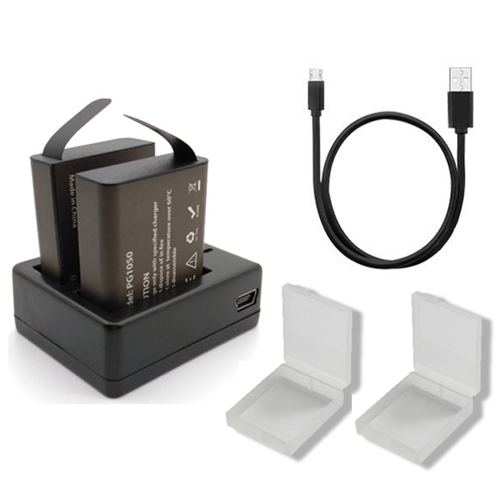 Voor Eken H9r PG1050 Batterij En Dual Usb Oplader Voor Sjcam SJ4000 Sj5000 Sj6000 Sj9000 H9 H9R H8R H5s H6s soocoo C30 C50 F68r: Charger x2 batteries