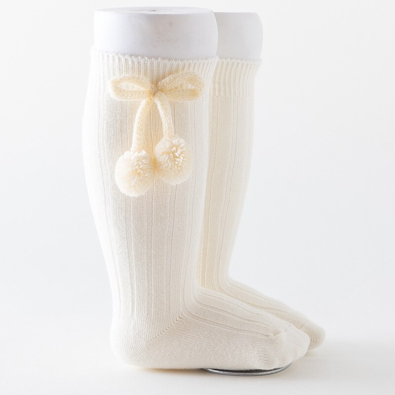 6 Colors Unisex Children Cherry Poms Ball Knee High Socks Baby Toddler Tube Socks For Kids Girls Boys Cherry Knitted Sock 2-6Y: beige / S(0-1T)
