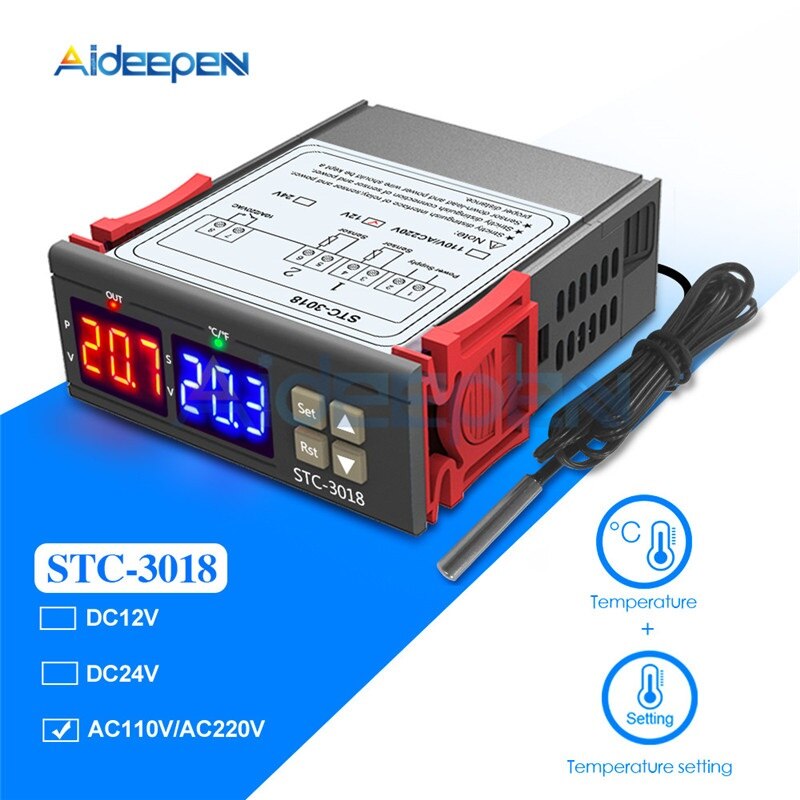 Stc -3008 stc -3018 stc -3028 dubbele digitale temperatuur-vochtigheidsregelaar thermostaat 10a met ntc-sensorsonde thermoregulator: Stc -3018 dc 12v