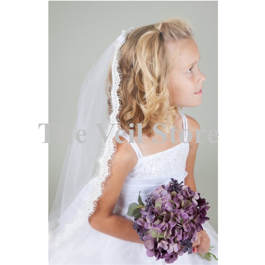 Wedding Flower Girls First communion Veils Lace Edge Children Kids Tulle Veils With Comb Bow Voiles Mariage Fille velos de Novia