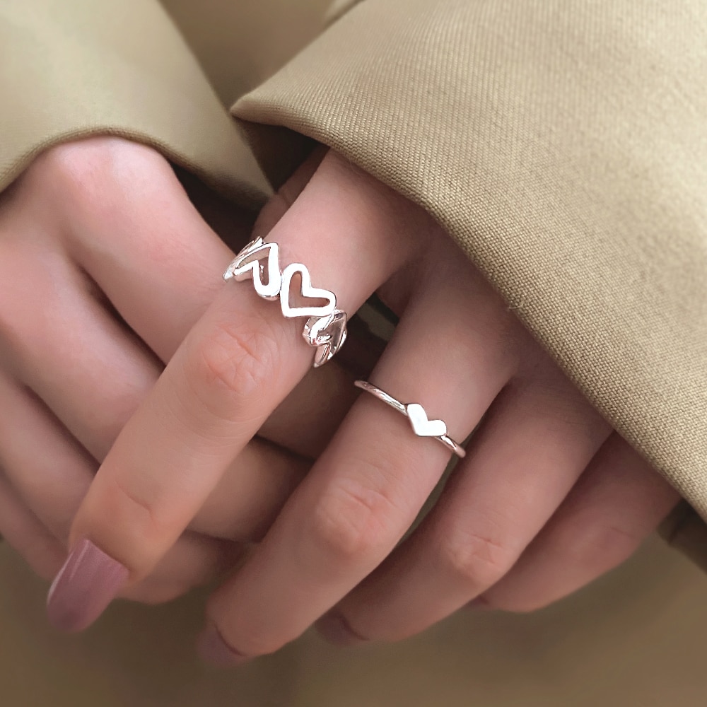 Fnio Zilver Kleur Uitgeholde Hart Vorm Open Ring Schattige Mode Liefde Sieraden Voor Vrouwen Meisje Kind verstelbare