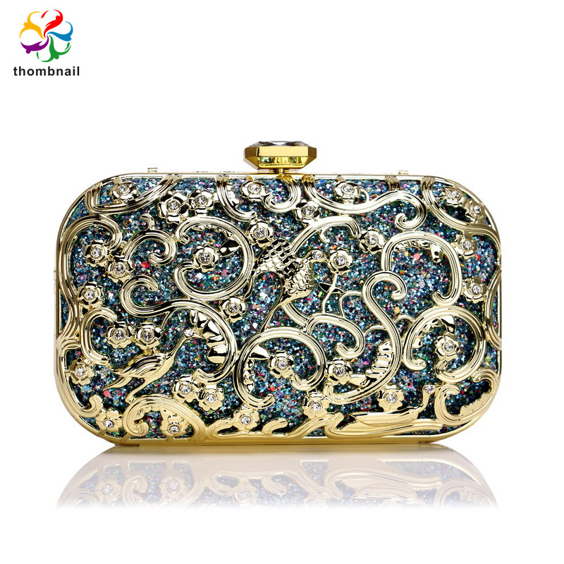 Luksus form kvinner krystall kveld clutch bling gull damer middagsveske diamant veske formell anledning: Blå