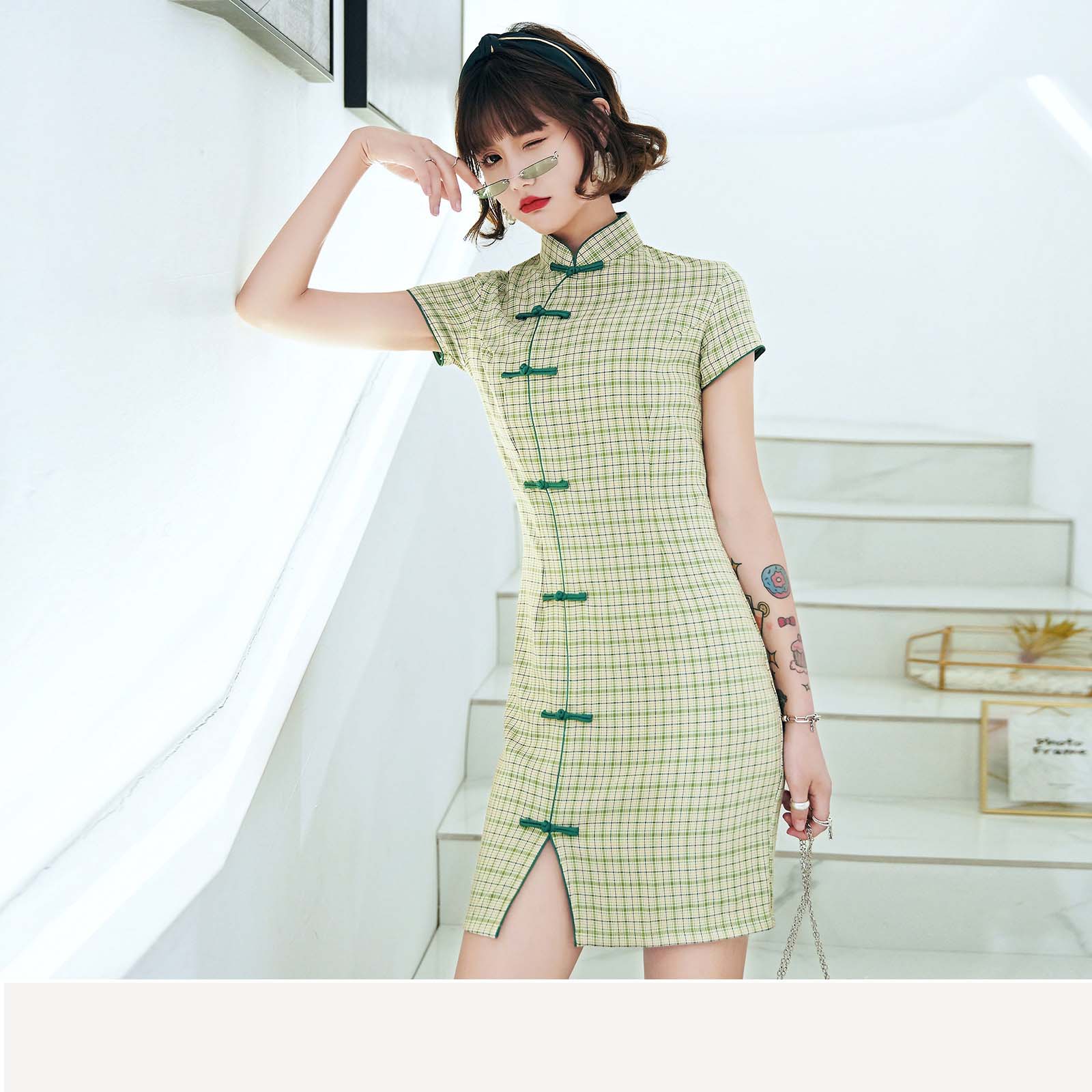 Cheongsam kjole grøn kvinder bomuld slim qipao ternet kjole fest korte kjoler