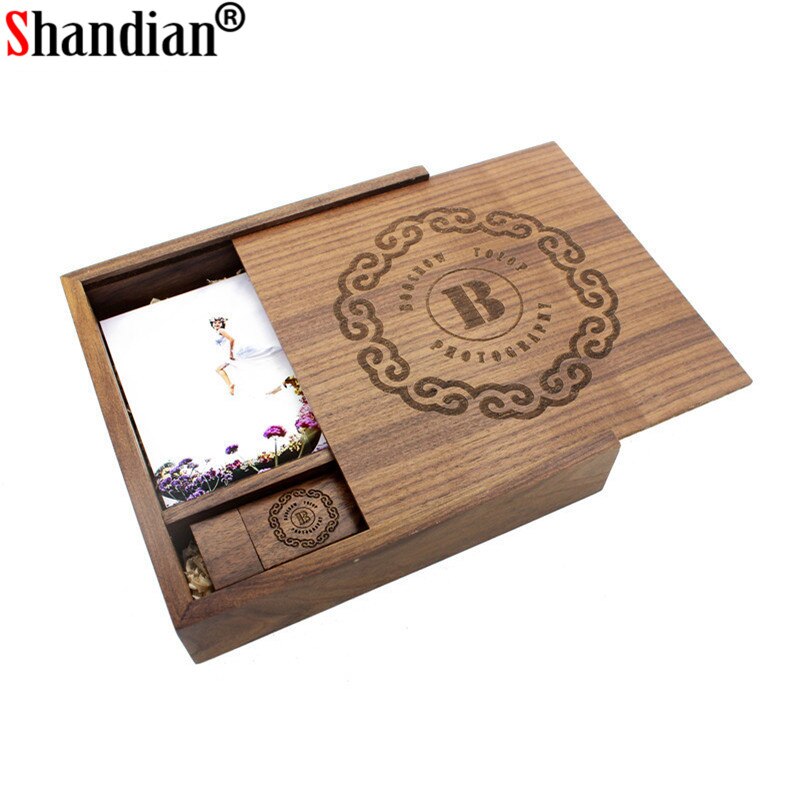 Shandian 1 stuks gratis logo walnoot foto uniek album hout usb + doos geheugenstick pendrive 8gb fotografie trouwstudio 170*170*35mm