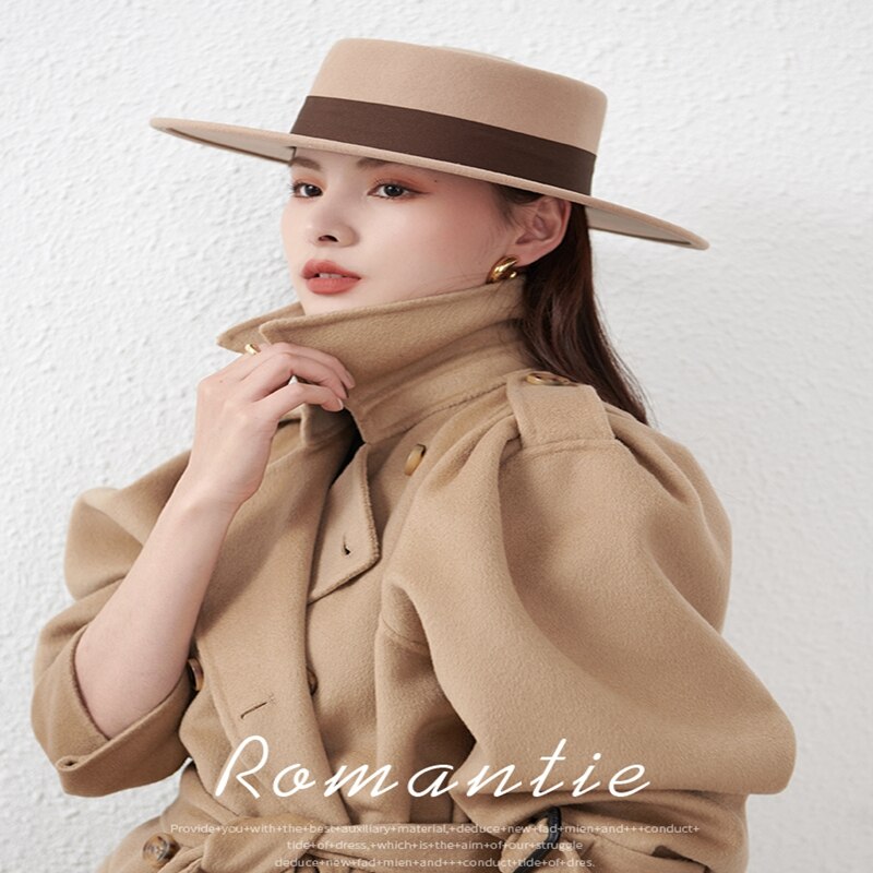 winter female flat-top trilby hat wide-brim hats for women wool felt fedora England cap
