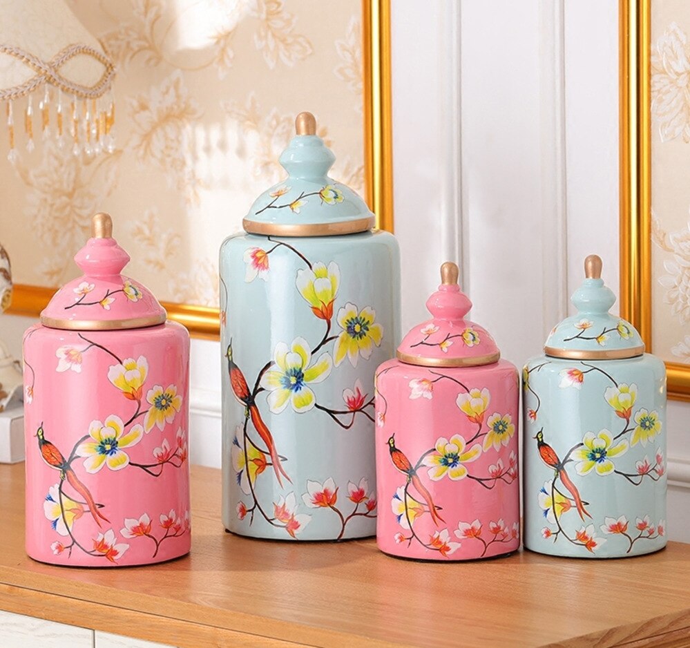 Jarrón de cerámica pintado de flores y pájaros, jarrones clásicos, tarro de caramelo antiguo, tarros de almacenamiento de porcelana multiusos, decoración Vintage para el hogar