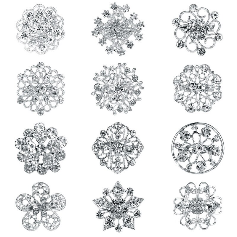 WEIMANJINGDIAN Lots de 12 pièces cristal strass fleur broche broches ensemble pour bricolage mariage Bouquet Kits bijoux accessoires: KZ041 silver clear