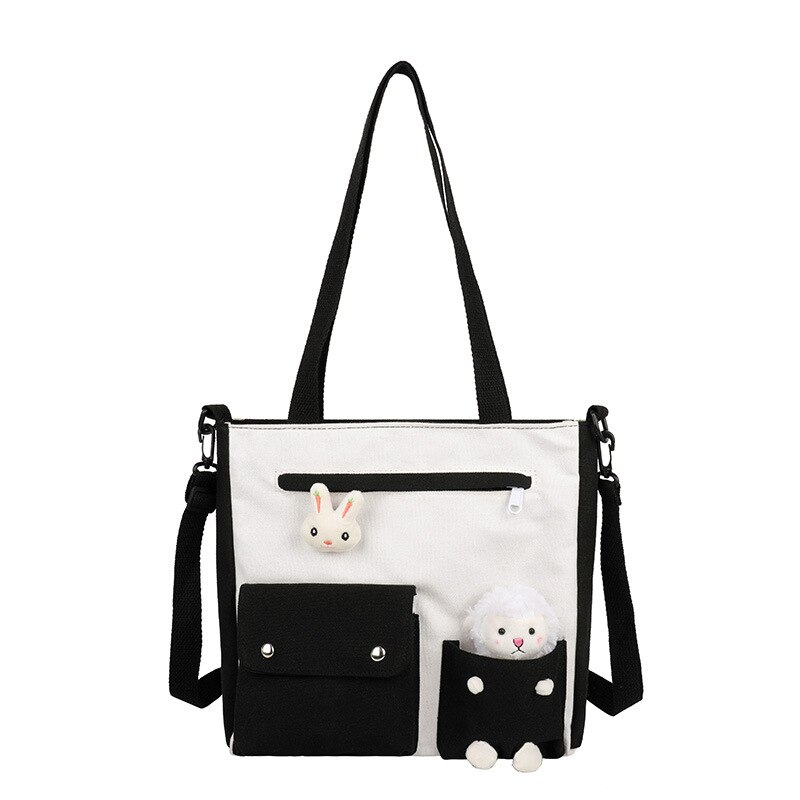 Women&#39;s Double Pocket Canvas Bag Trend Single Shoulder Bag with Lid Zipper Messenger Bag Tote Bag Student Tuition Bag: Black
