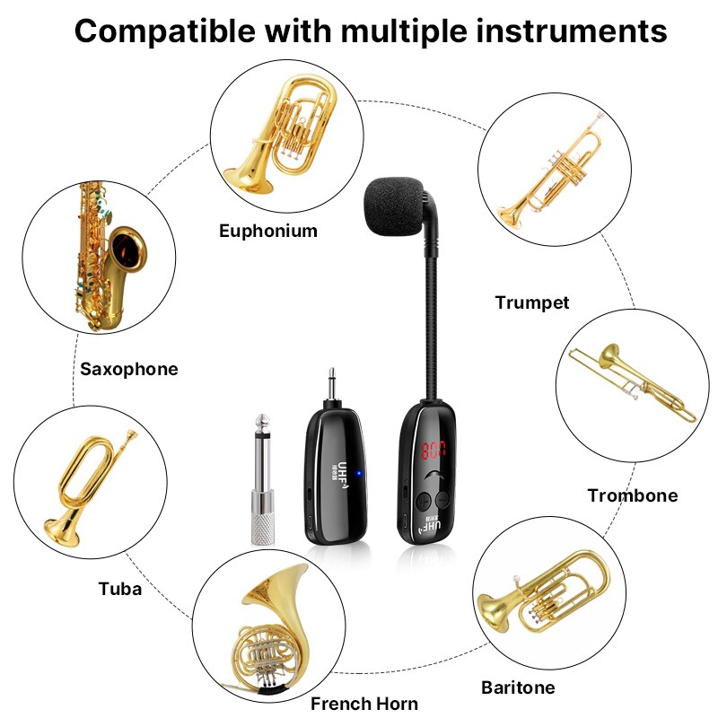 Uhf Draadloze Instrumenten Saxofoon Microfoon Voor Speaker Professionele Musical Orkest Trompet Met Ontvanger Afneembare Clip