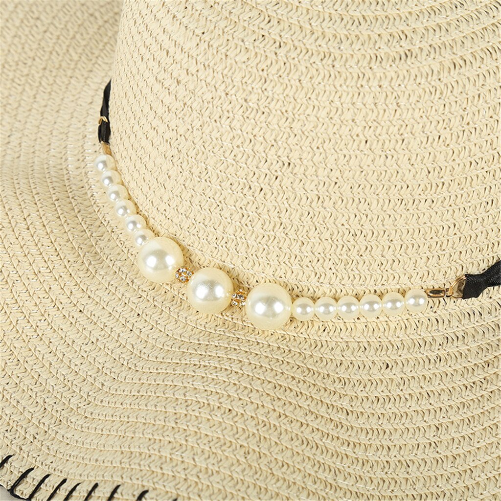 Mode Zomer Cap Voor Vrouwen Grote Brede Rand Strooien Hoed Parel Decoratie Strand Zon Opvouwbare Cap