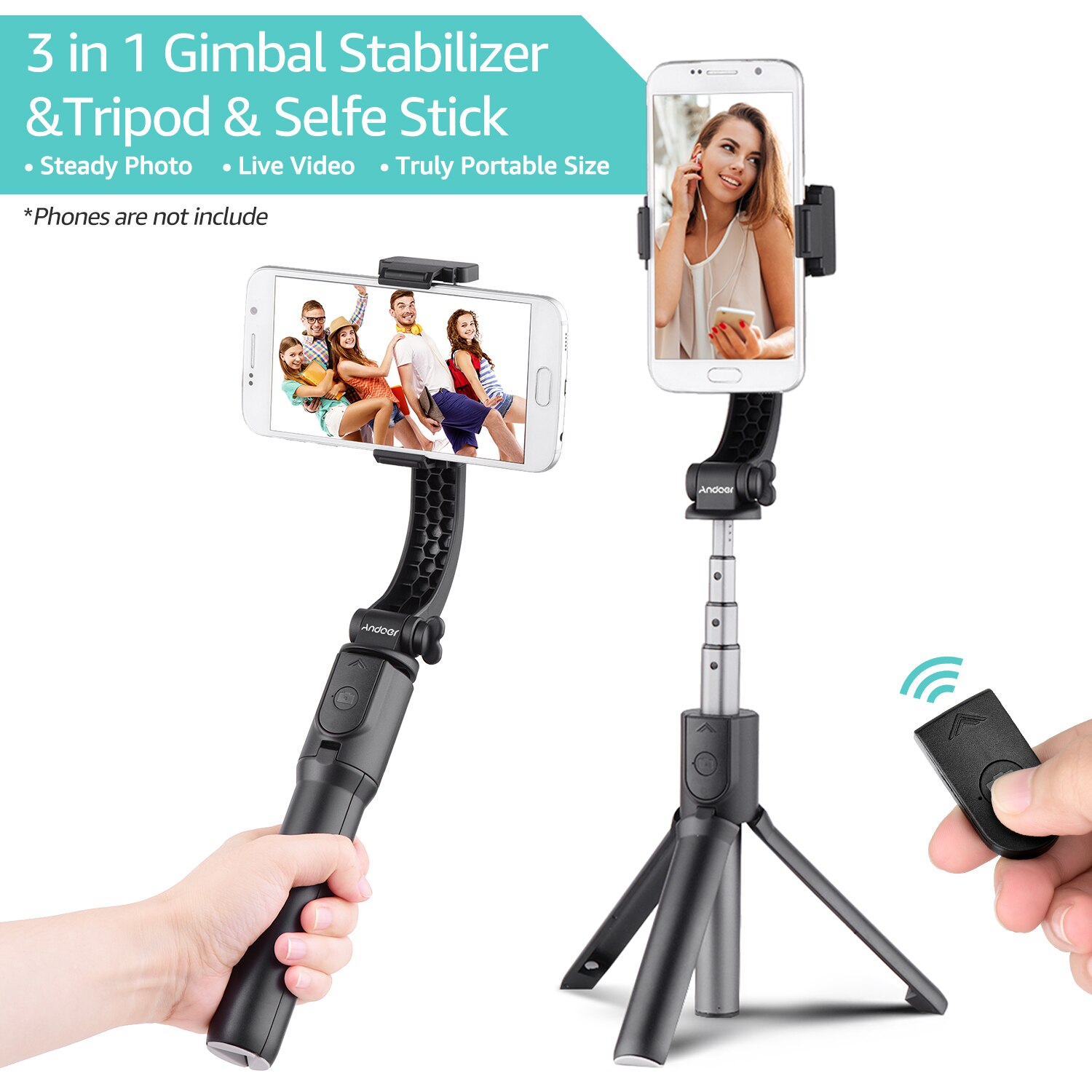 Andoer 3-In-1 Uitschuifbare Smartphone Gimbal Stabilizer + Selfie Stok + Tripod Stand Voor Live Vloging Video voor Smartphones