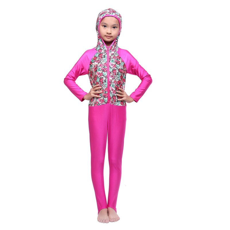 Girls Muslim Swimsuit Burkinis Islamic Full Coverage Maillot De Bain Hijab Swimwear Modest: Rose Red / L