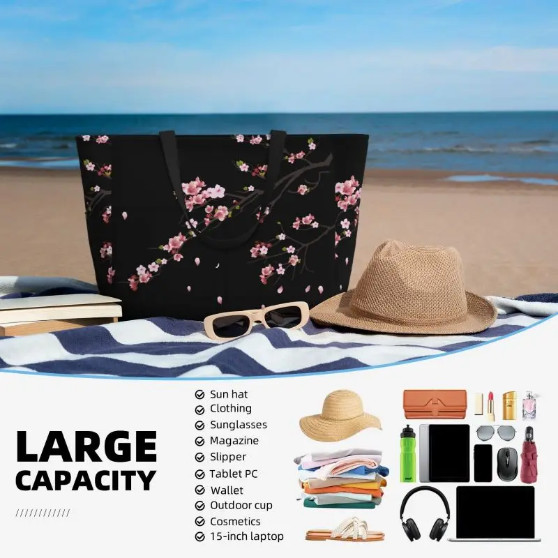 Grote strandtas met japanse sakura-kersenbloesems voor dames, waterdicht en zandbestendig, met ritssluiting, ideaal voor het zwembad, de sportschool en op reis.