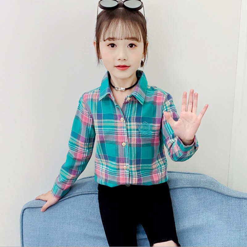 Geruite blouse voor meisjes kinderblouse lange mouw lente casual tiener tops omslagkraag katoenen kindershirts
