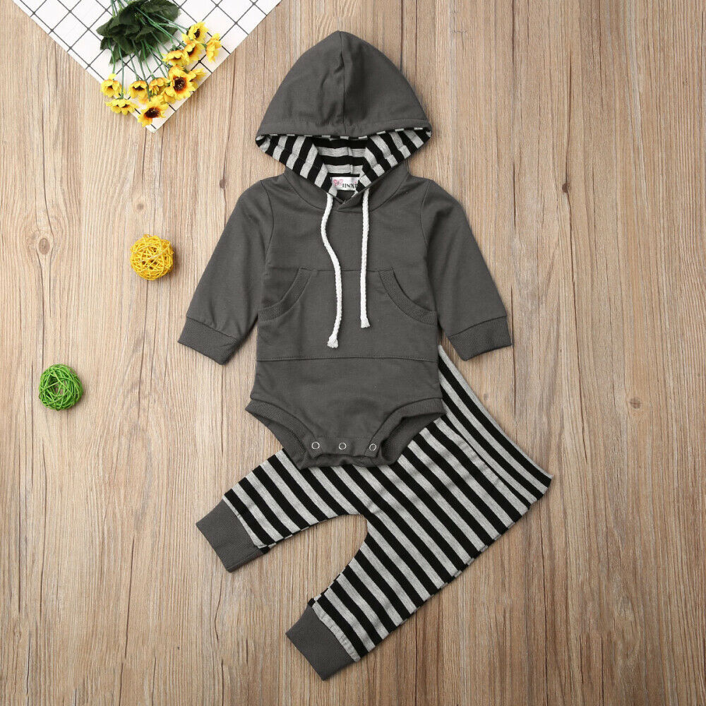 Vauvan kevät-syysvaatteet taaperopojan vaatteet hupulliset topit pitkähihainen body raidallinen + pitkät housut taskuasut