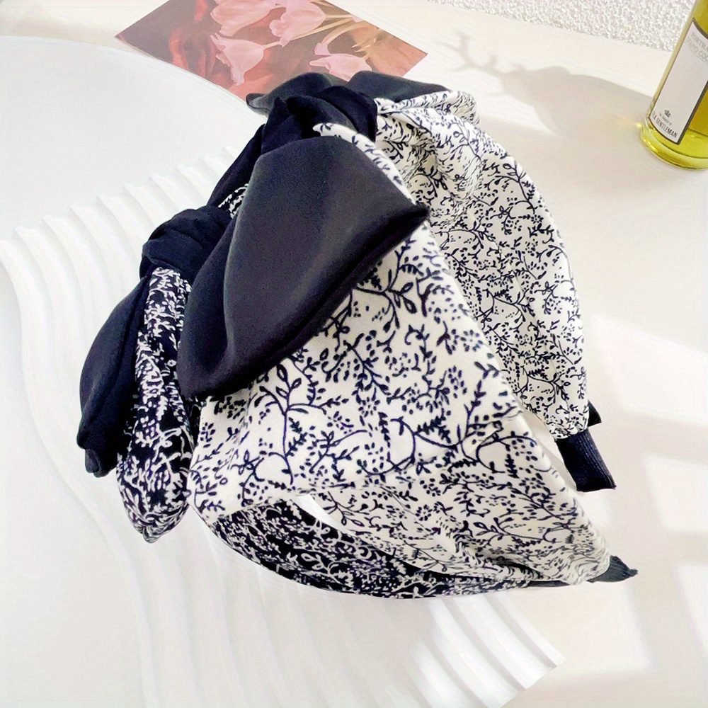 Diademas elegantes florales en blanco y negro para mujeres y niñas, aros para el cabello suaves con borde ancho, diadema cruzada con lazo grande, herramienta de Peinado,