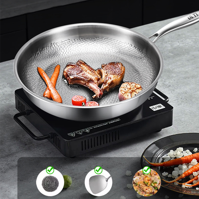 German Pure Titanium Kitchen Pans 26/28/30cm Non-stick Frying Pan Uncoated Fish Scale Hammer Pattern Steak Kitchen Cookware