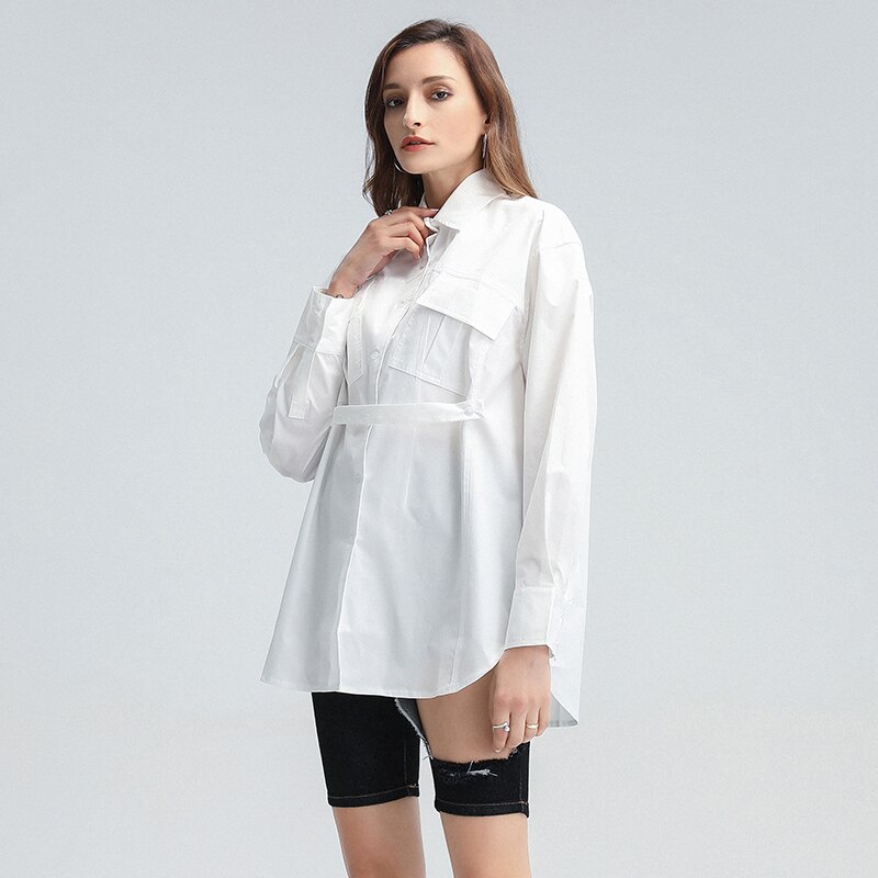 TWOTWINSTYLE Casual Loose Shirt For Women Lapel Long Sleeve Lace Up Patchwork Shirts Female Clothing Autumn