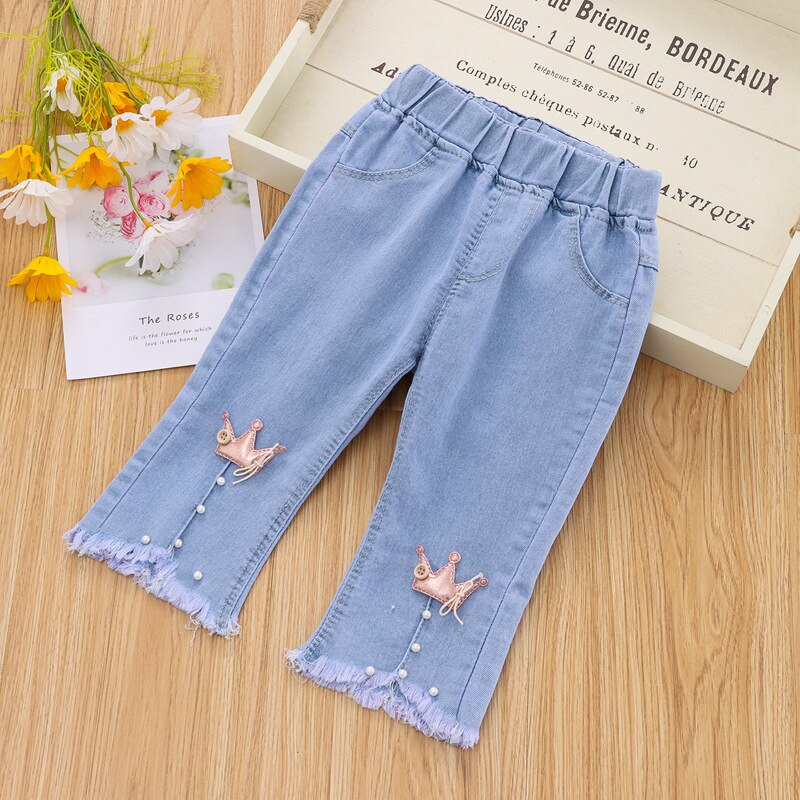 Casual Lente Zomer Dunne Peuter Baby Meisje Jeans Capri Broek Lichtblauw Cropped Broek Kids Kleding Kostuum 80-120Cm: Crown / 120cm (5-6T)