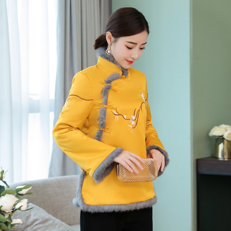 Chinese Year Clothes For Women Long Sleeve Winter Fleece Warm Thick Yellow Chinese Cheongsam Tops For Women FF2476