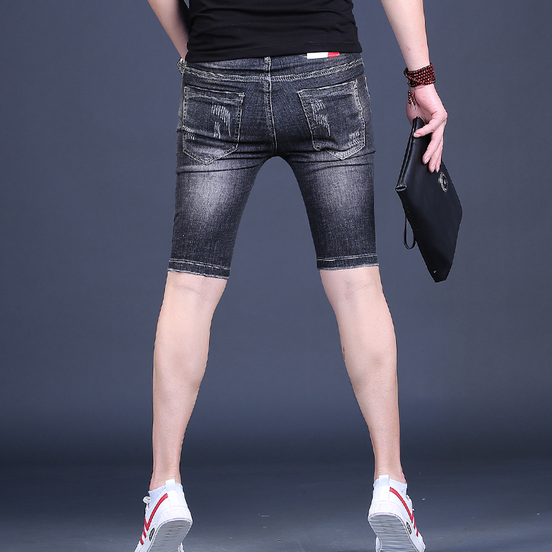 Men's Denim Shorts Printed Ripped Knee Length Jean Summer Casual Black Gray Slim Fit Straight Short Jeans Male Clothing