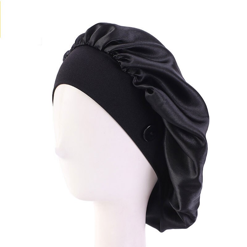 Satin Silk Nightcap Sleep Button Elastic More style Cap Nurse Hat Women Solid Long Hair Cap Hat Head Cover Bonnet Hat: Black