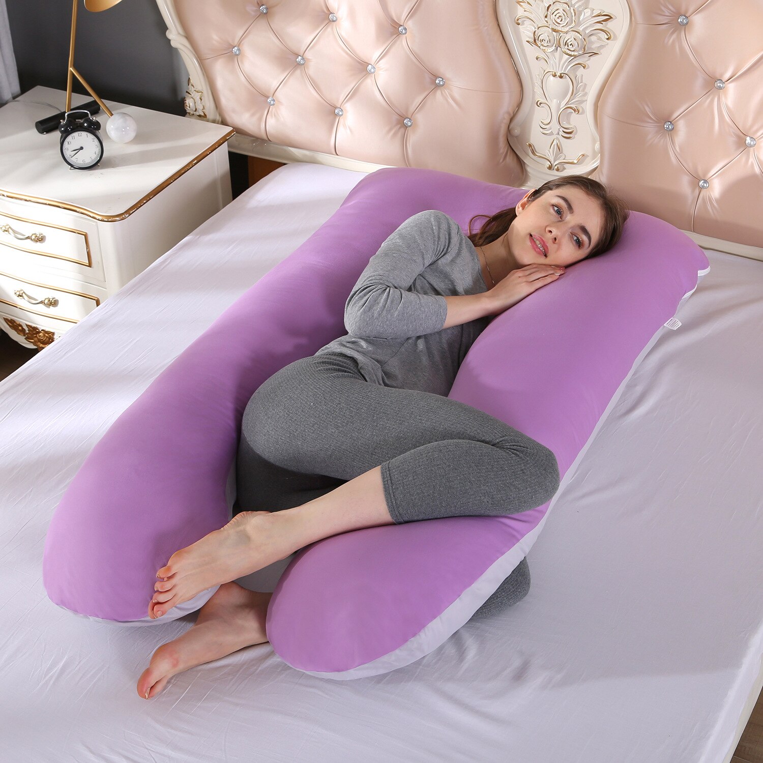 Almohada de apoyo para dormir de algodón para mujeres embarazadas, cojín de maternidad con estampado de conejo en forma de U, para dormir en el lado del embarazo: Purple