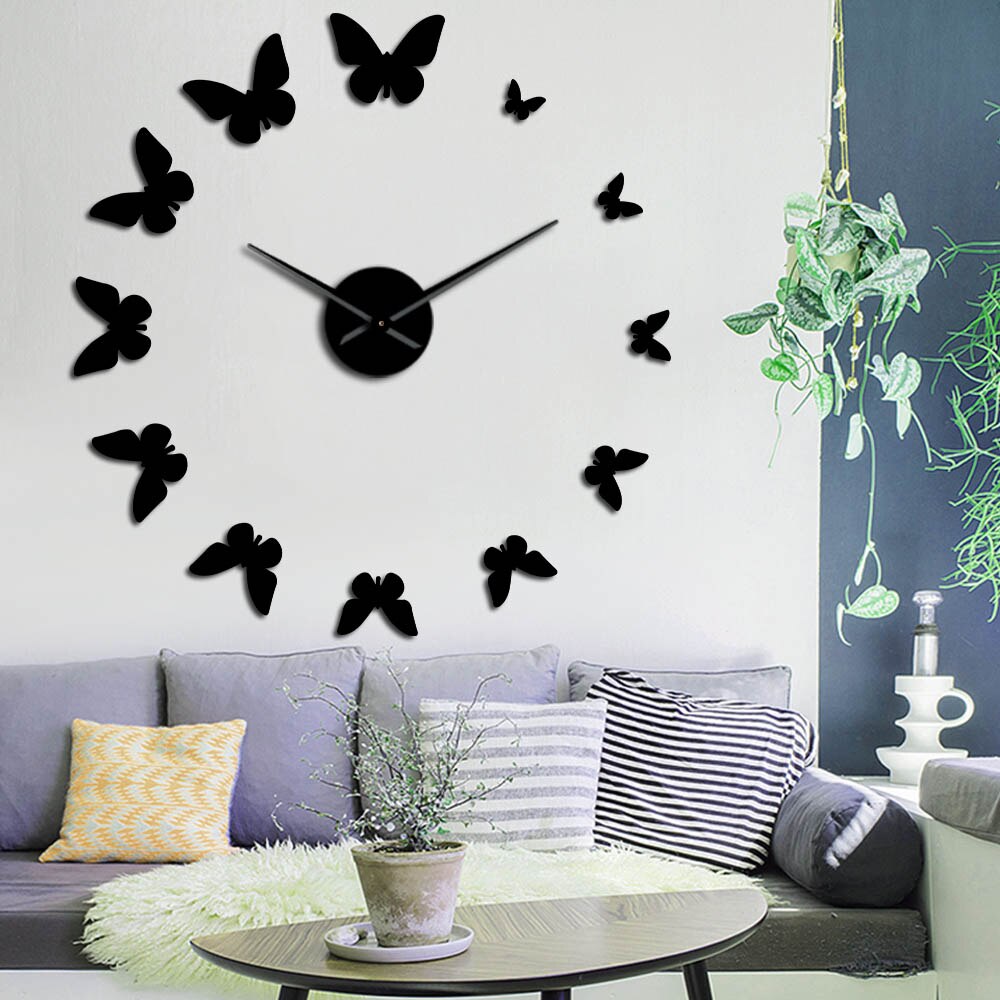 DIY Giant Wall Clock 3D Butterfly Mirror Large Numer Wall Clock Sticker Animal DIY Frameless Huge Modern Watch Decor