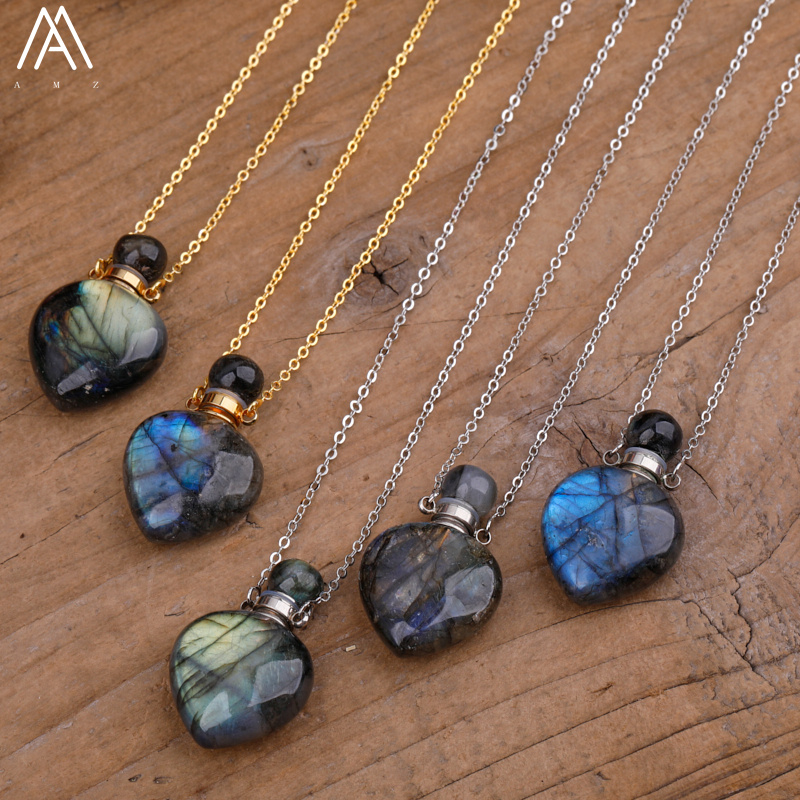 Arco-íris labradorite garrafa de óleo essencial perfume garrafa pingente colar moda feminina coração gem pedra jóias presente dropship