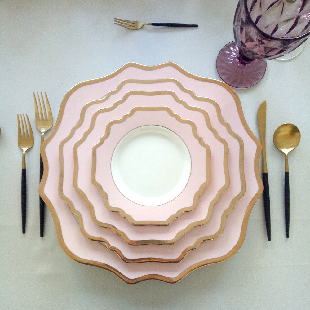 Sunflower Ceramic Dinner Plates Wedding Party Dishes White Pink Golden Edge Tableware for Girls Dessert Plate Serving Tray