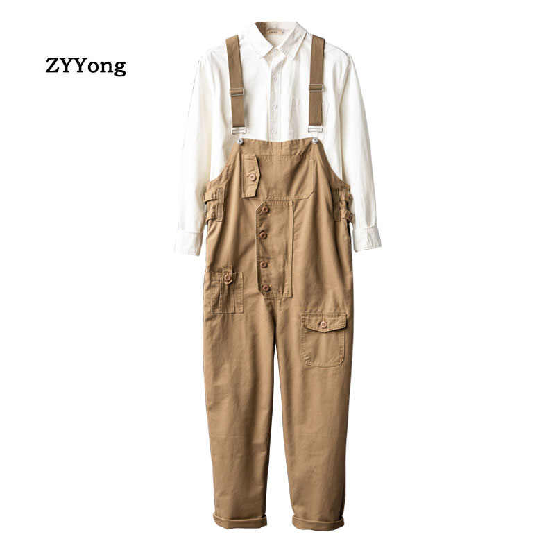 Løs lige stor lomme khaki brun fragt overalls mænd jumpsuit bib hip hop streetwear romper casual casual bukser bukser