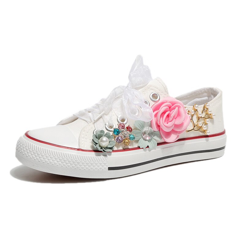 Femmes baskets été toile chaussures blanc ruban sangle coudre fleurs colorées perle diamant ruban à semelles épaisses plat W31-25: WHITE / 7