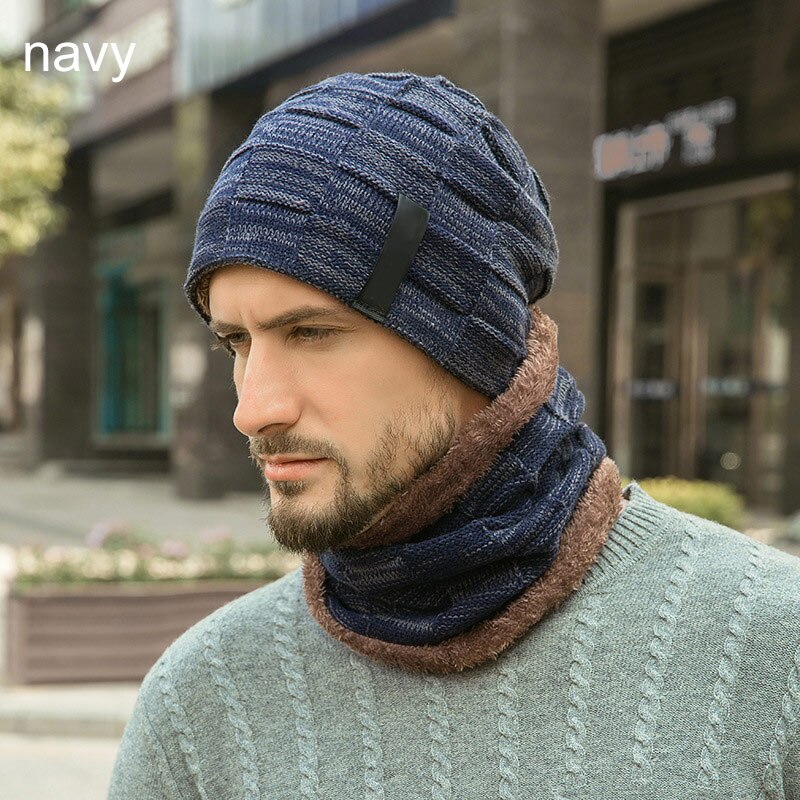 Chapéu de inverno q fashion, quente, gorro de pescoço, conjunto de cachecol, gorros de balaclava, chapéu de inverno para homens, mulheres, boné, skullies: navy