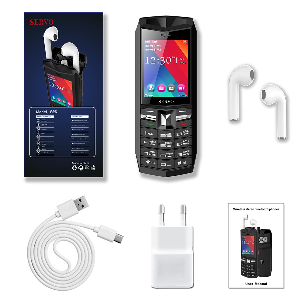 Original SERVO R26 2.4 "praktisch mit TWS 5,0 Bluetooth drahtlose kopfhörer 3000mAh Energie Bank GSM GPRS 2 SIM Karte Handys