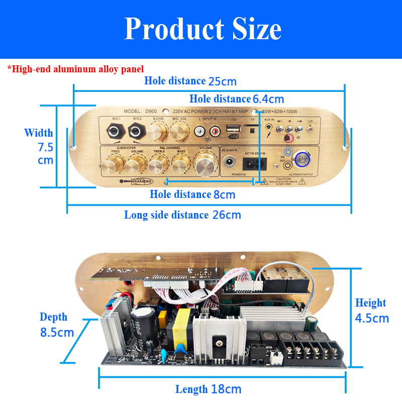 Audio Amplifier Board D900 TPA3116 Channel 2.1 Bluetooth5.0 USB Reverb Adjustment 50W+50W+100W Power Amplifier Board for Karaoke