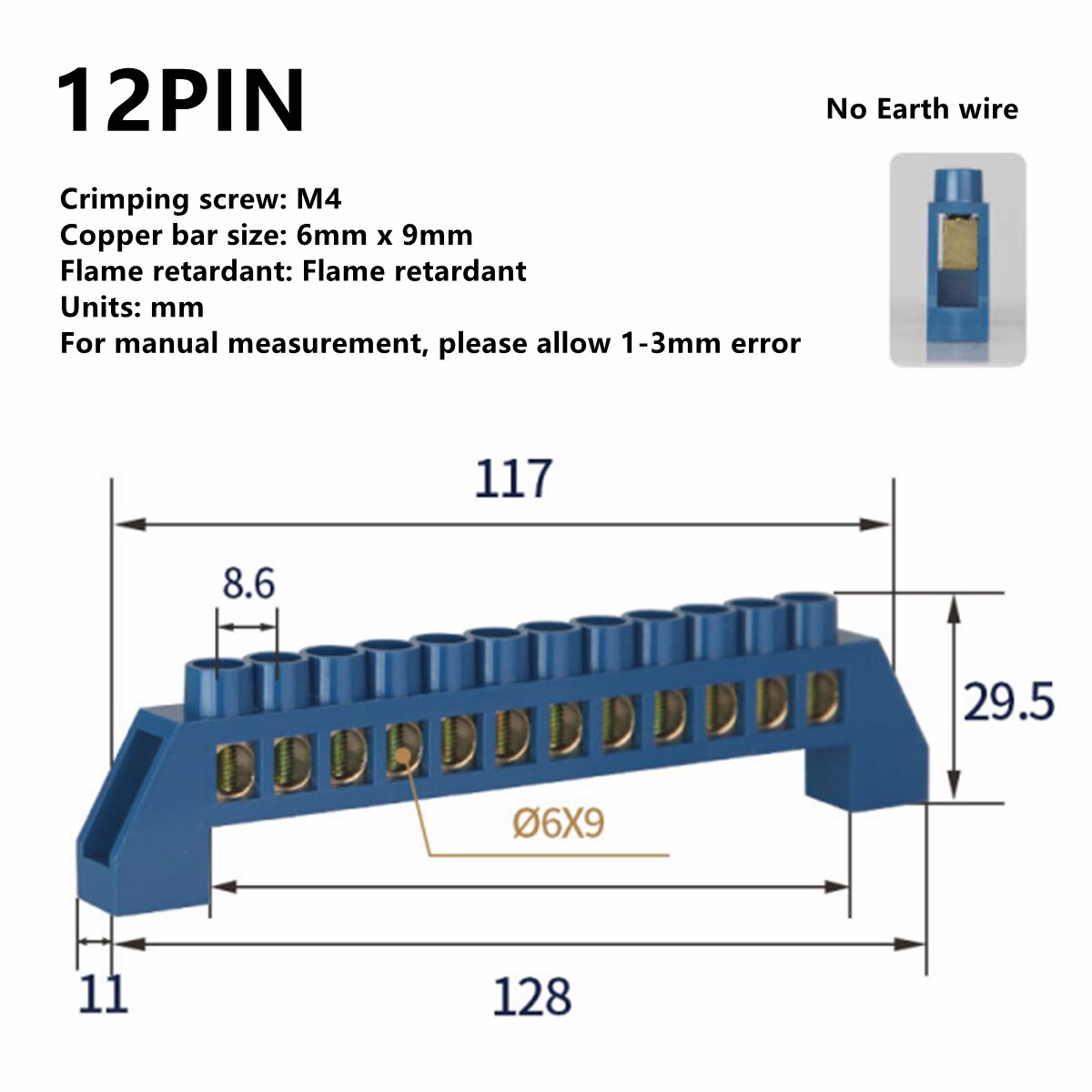 Blue White Green Zero Line 4Pin 6Pin 8Pin 10PiN 12PiN Brass Screw Grounding Bridge Terminal Block Connector Earth And Neutral: Blue 12 Pin
