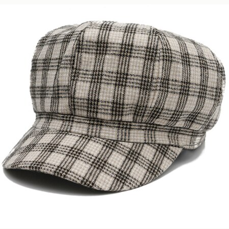 HT2612 Spring Autumn Women Hats Vintage Plaid Octagonal Newsboy Cap Retro Ladies Beret Hat Cotton Artist Painter Hat Women Beret: Beige