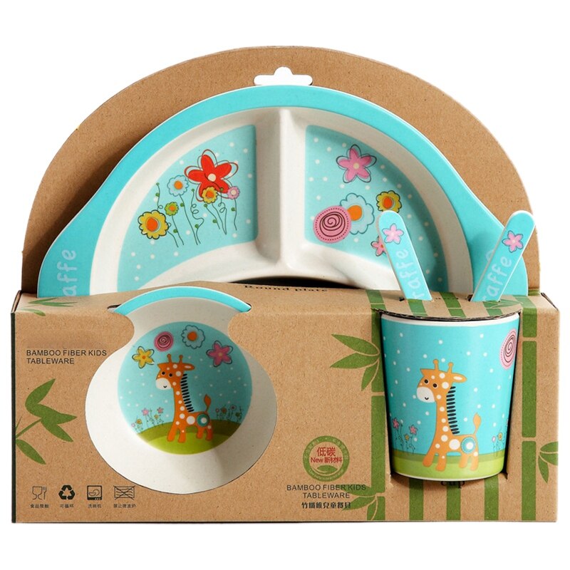 Vajilla de fibra de bambú para comer con dibujos animados para bebés, plato de comida para niños, plato de alimentación para niños, Bol de entrenamiento para niños, cuchara, tenedor, 5 unids/set: A