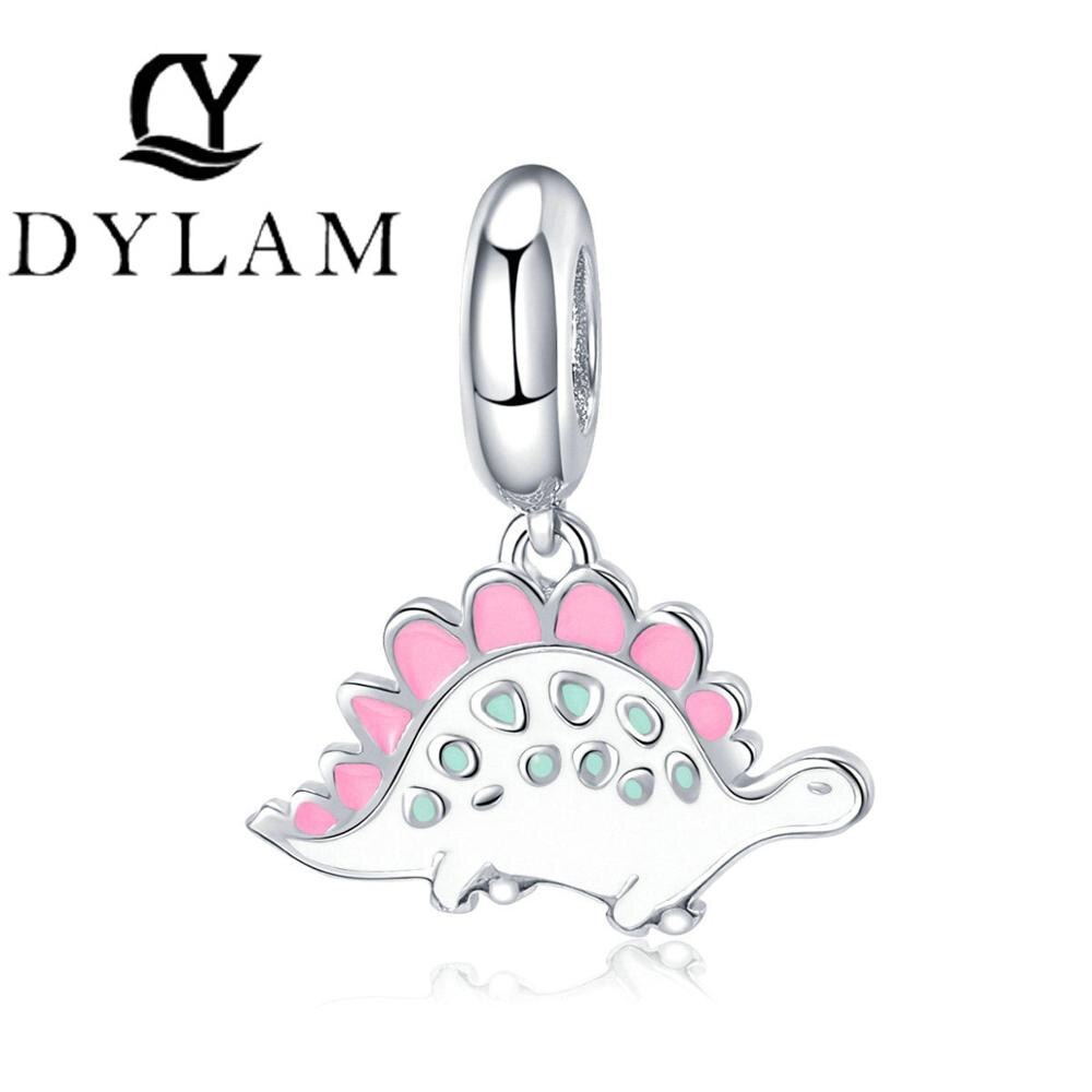 Echt 100% 925 Sterling Zilver Schattige Kleine Dinosaurus Roze Enamel Charm Bead Voor Armband Ketting Meisje Partij Sieraden