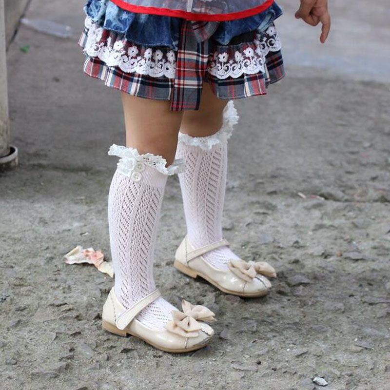 Børn ben ærme hul blonder strømper bomuld piger varm fod ærme søde åndbar knæ høje sokker bølgemønster knap sokker: Lyserød
