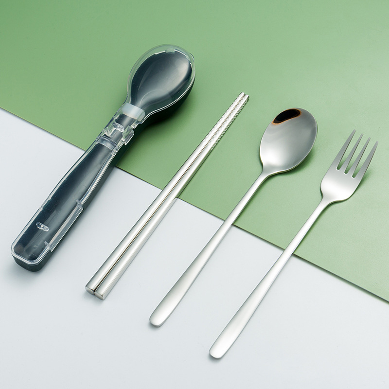 Portable Stainless Steel Cutlery Set with Storage Case Durable Fork Spoon Chopsticks for Home Office Camping HY99: Dark green silver